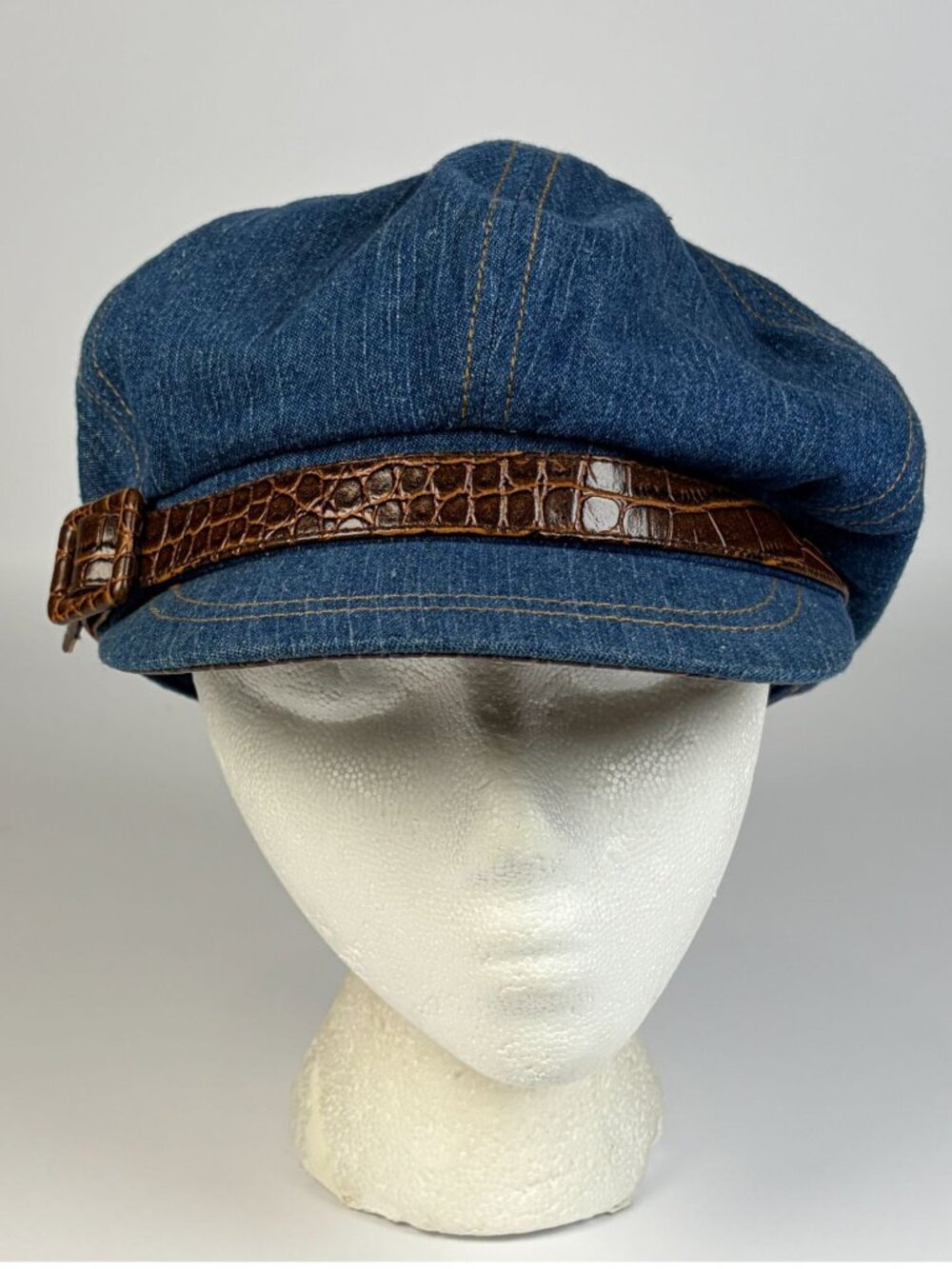 Vintage Y2K Nine West Newsboy Baker Boy Cap Hat Blue Denim Faux Croc Belt Accent